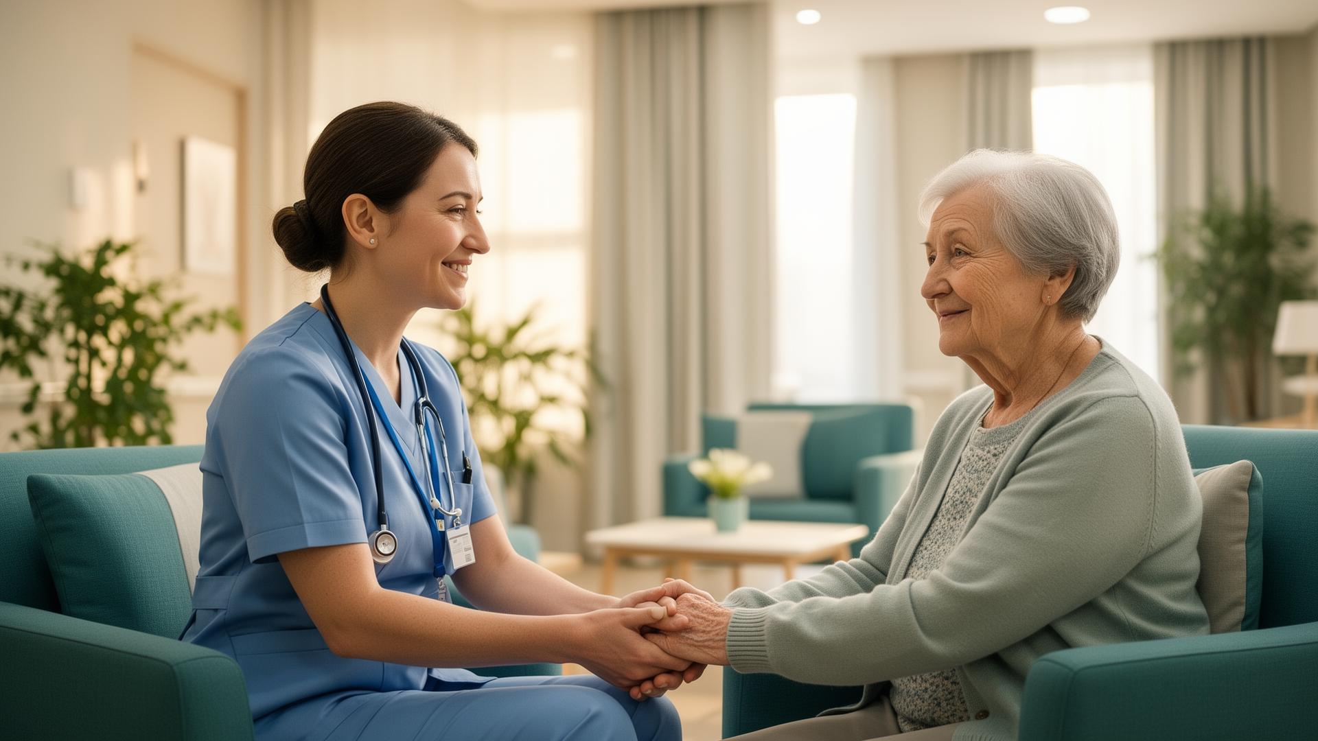 Nurse compassionately holding hands with an elderly resident in a sunlit care home